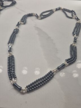 Antique Hematite and Pearl Multi-Strand Necklace - Black & White Accents